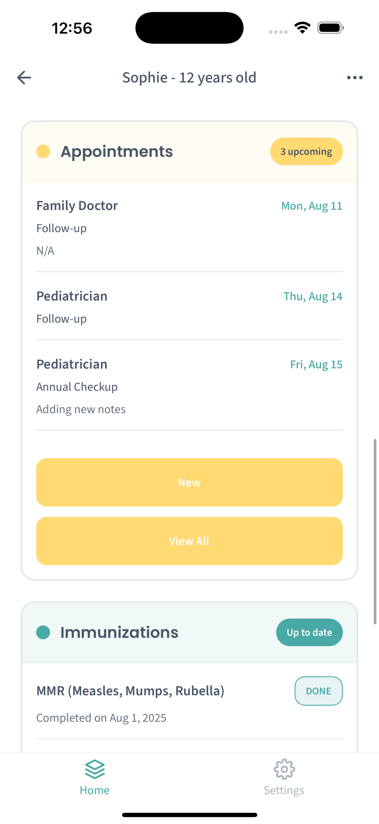 Upcoming appointments and immunization schedule
