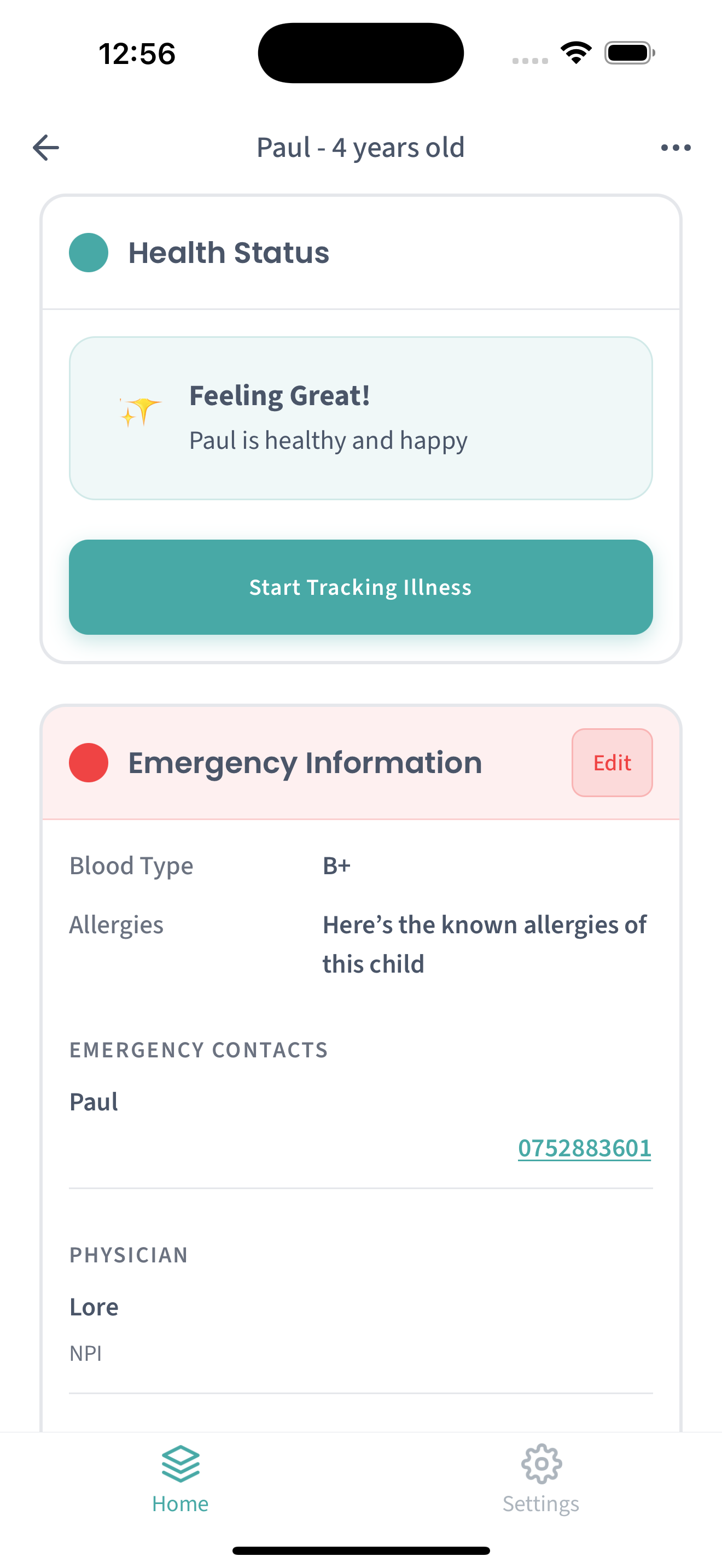 Child profile with health status and emergency info