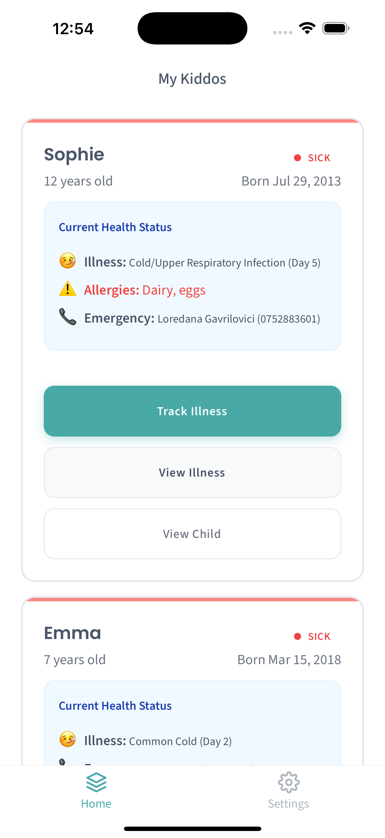 MyKiddos app dashboard showing children's health status