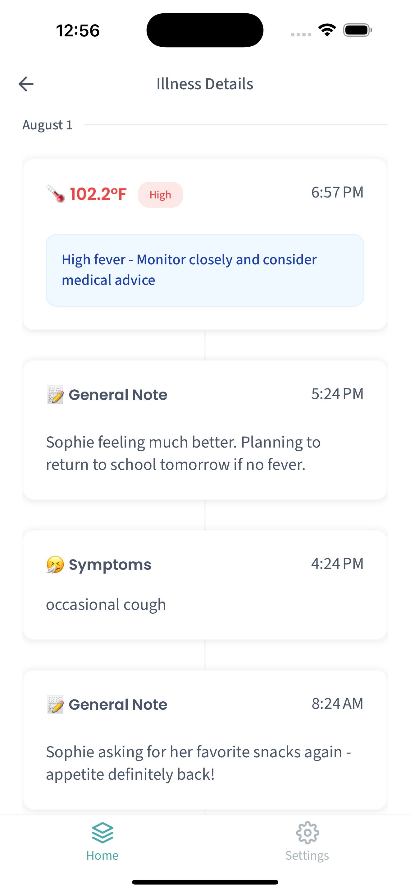 Illness timeline showing temperature readings and notes
