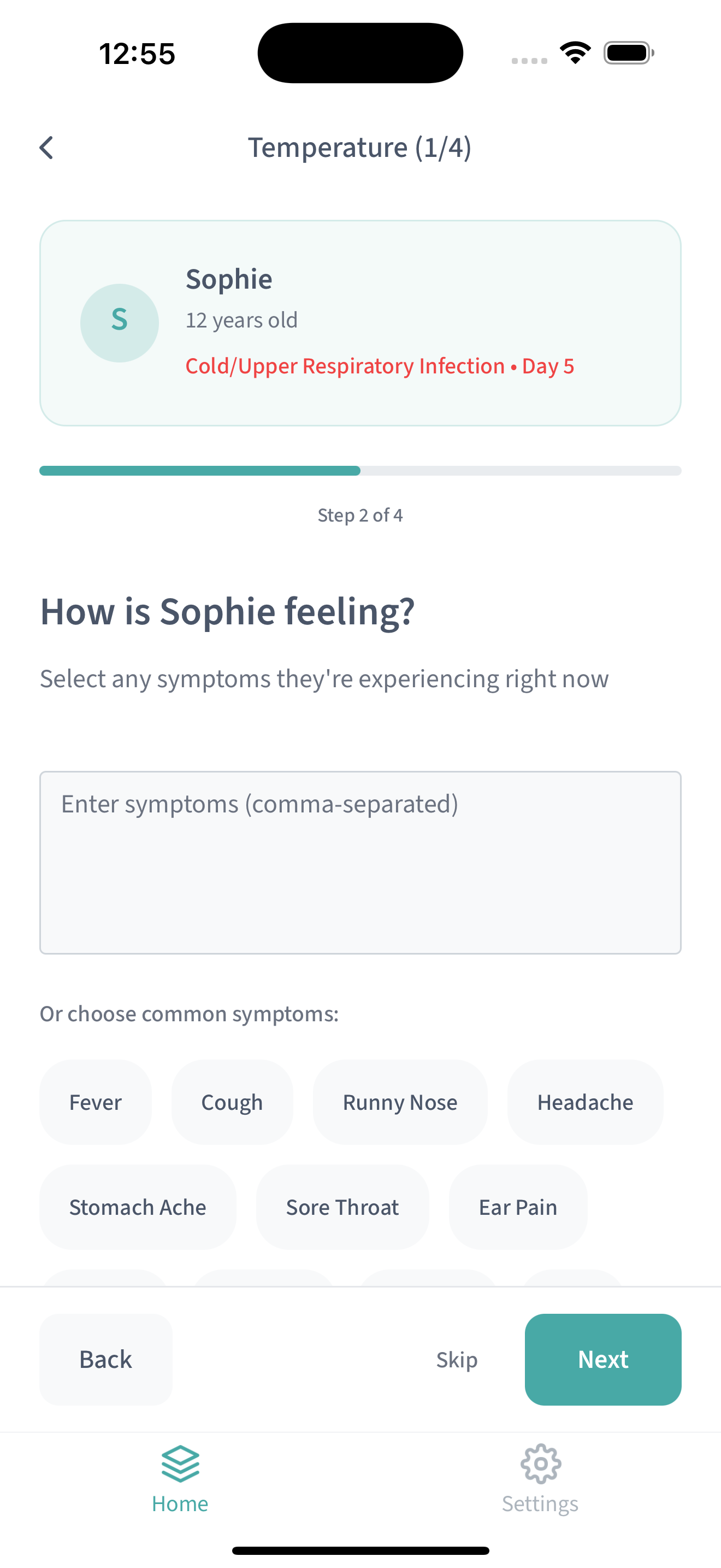 Symptom selection interface with common symptoms
